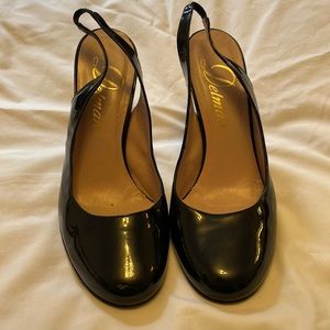 Navy Delman Patent Leather Pumps